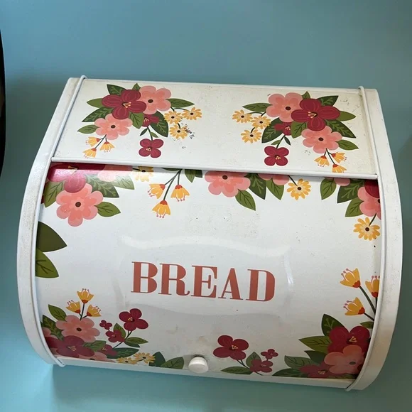 Vintage Metal Floral Bread Box with Roll Door fruit Motif - Picture 2 of 16
